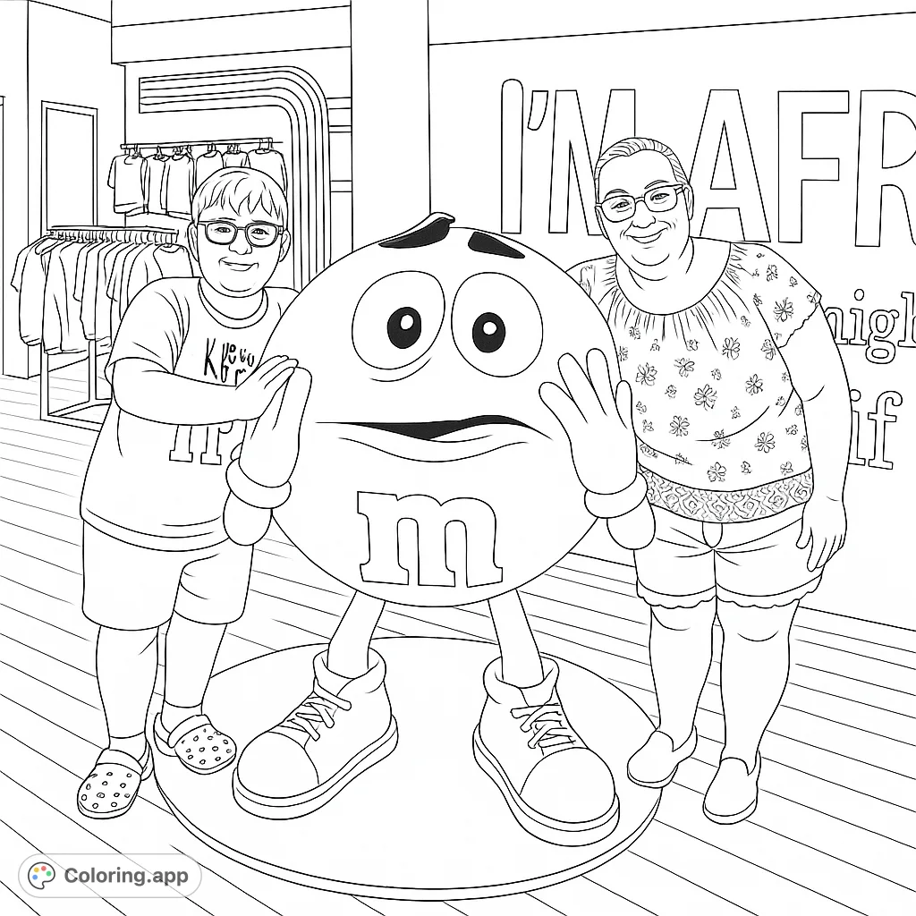 A delightful M&M's character coloring page! This fun design features the iconic candy mascot, perfect for kids and candy lovers to color and enjoy.