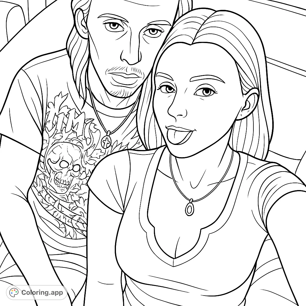 A fun, detailed cartoon portrait of a playful couple, perfect for creative expression. Features intricate clothing patterns and expressive faces for a unique coloring experience.