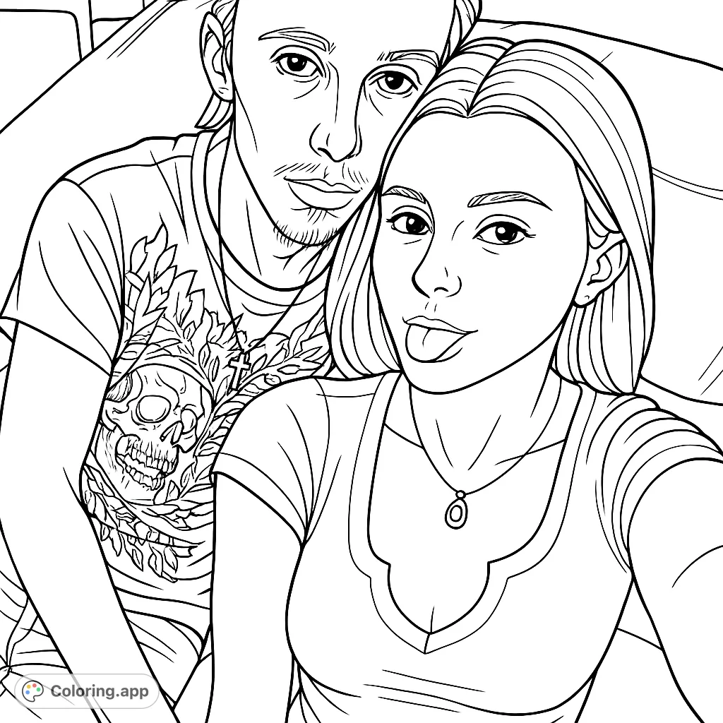 A fun, detailed cartoon portrait of a playful couple, perfect for creative expression. Features intricate clothing patterns and expressive faces for a unique coloring experience.