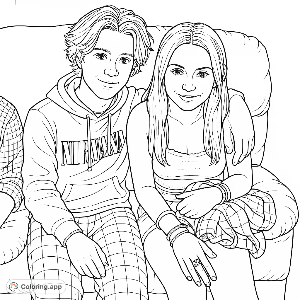 A heartwarming friends coloring page featuring two smiling young people on a cozy couch, perfect for free printable coloring page fun.