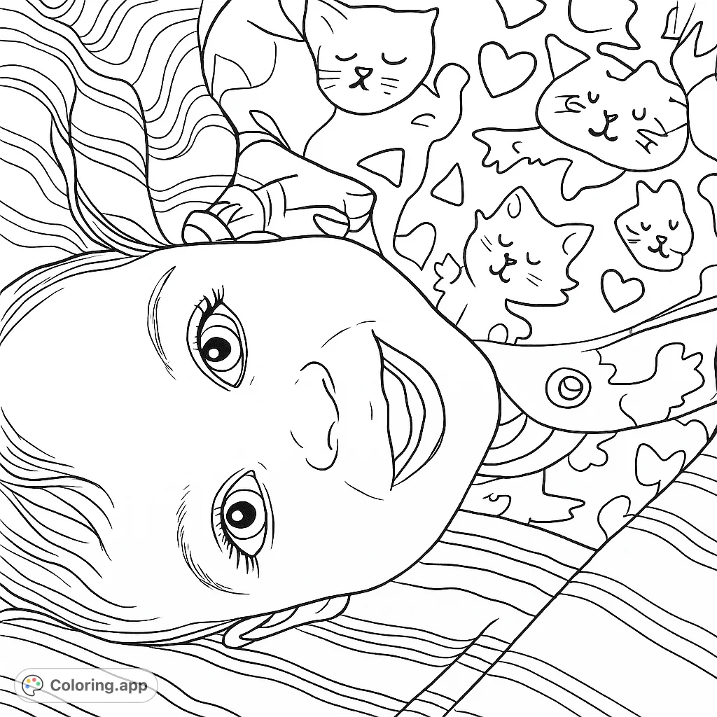 A delightful baby's face smiles up, surrounded by a cozy blanket adorned with adorable sleeping cats and playful hearts. Perfect for new parents!