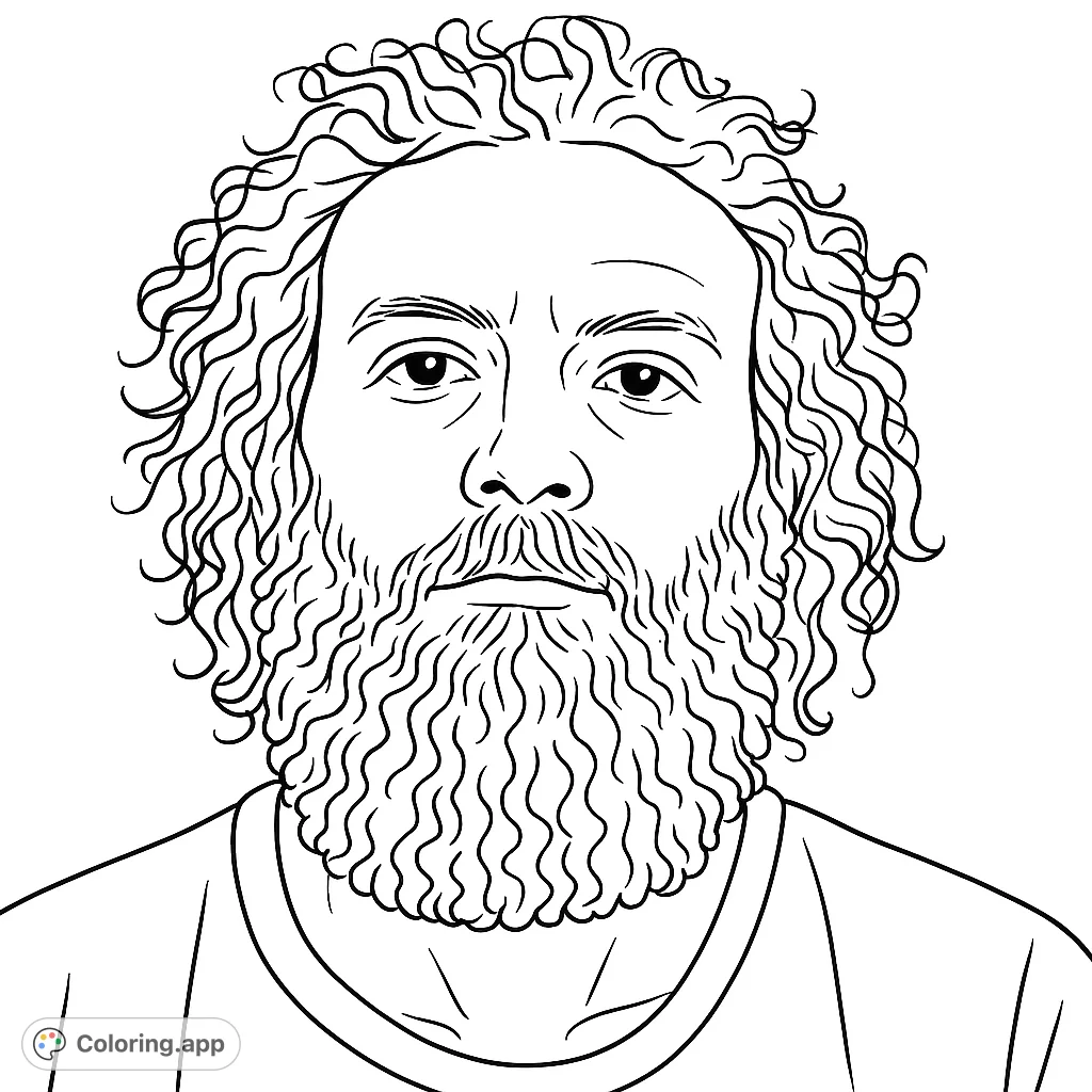 A striking portrait of a man with a voluminous curly beard and hair, perfect for a detailed free printable coloring page for adults and teens.