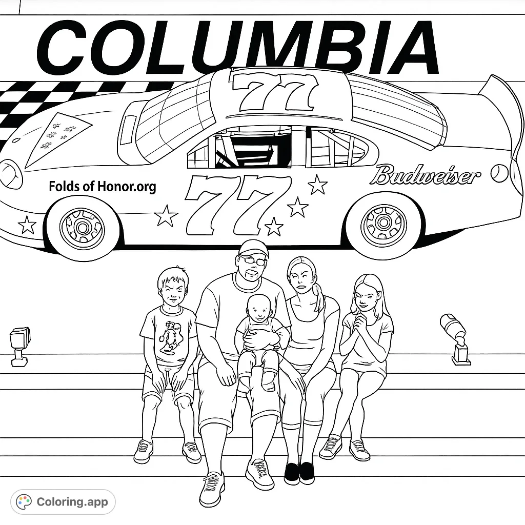 A dynamic racing family coloring page featuring a detailed stock car above a loving family portrait, perfect for all ages to enjoy.