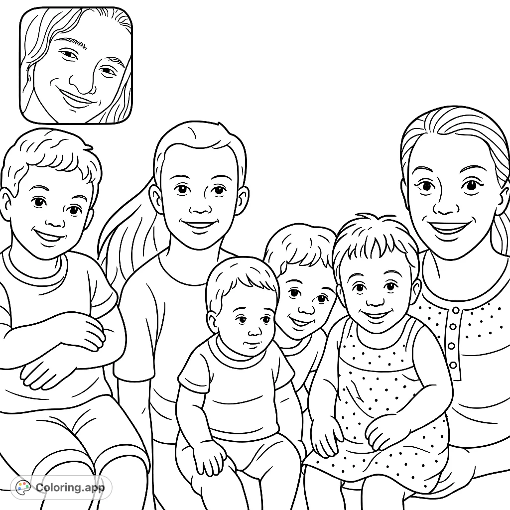 Capture the warmth of family with this free printable family portrait coloring page. Seven smiling faces invite you to add your personal touch.