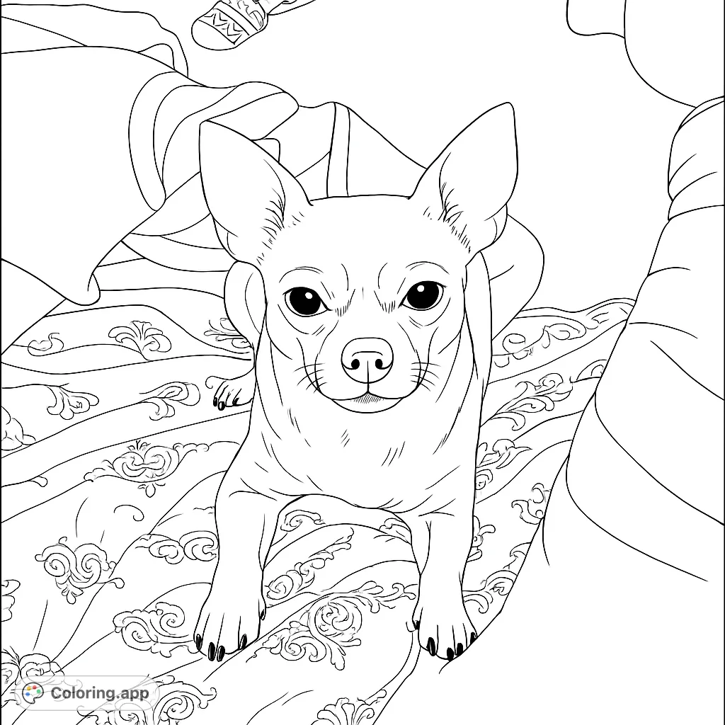 An adorable chihuahua dog rests on a beautifully patterned blanket, inviting colorists to bring this charming pet scene to life. Perfect for dog lovers!