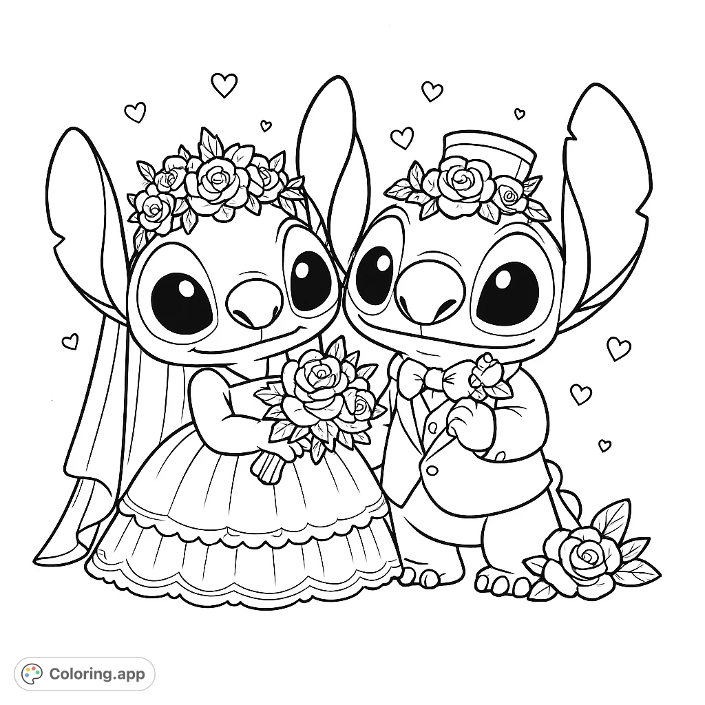 Adorable alien couple in wedding attire with hearts, perfect for a cute and romantic wedding coloring page experience. Free printable for all ages!