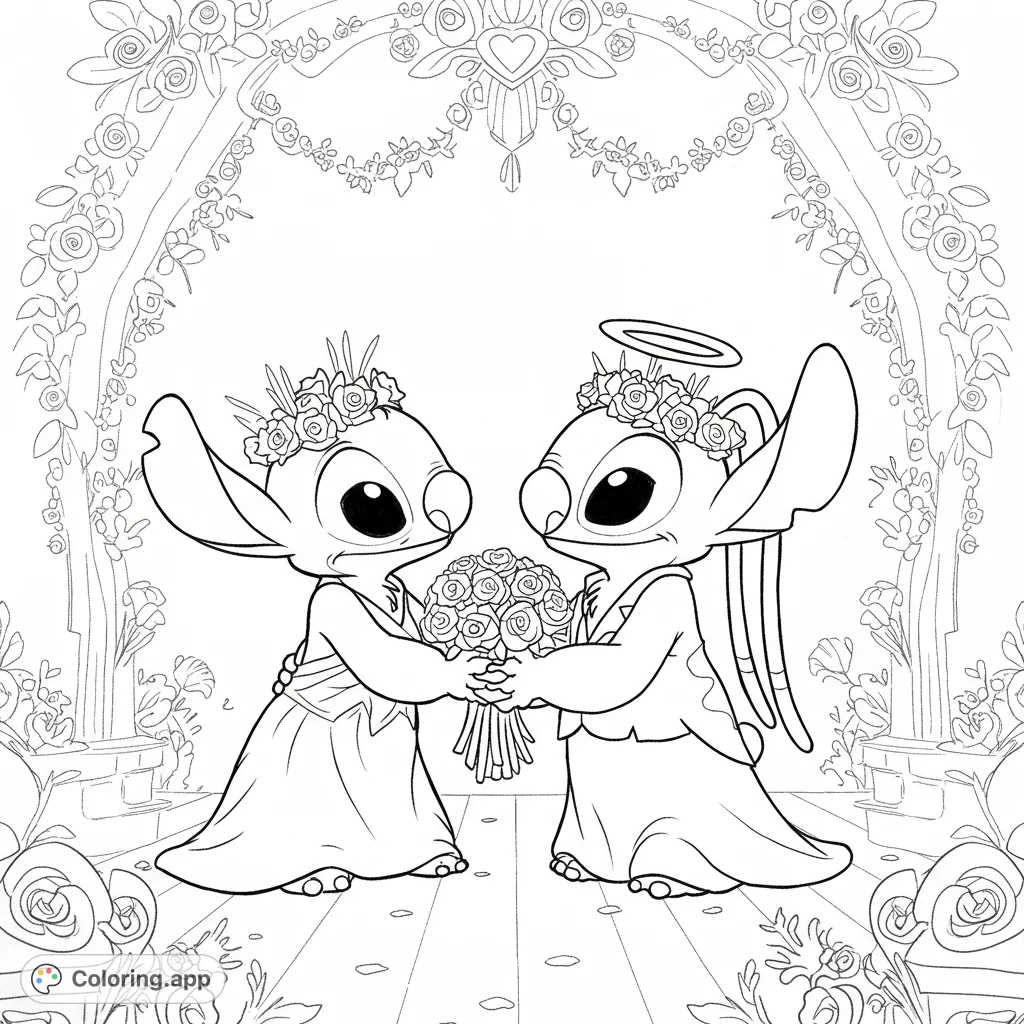 An adorable alien couple in wedding attire under a floral arch, holding a bouquet. A charming free printable alien wedding coloring page for all ages.