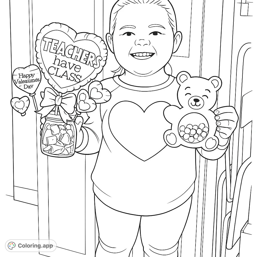 A joyful child holds festive Valentine's Day gifts, including a heart-themed jar and a teddy bear candy holder, perfect for a sweet coloring experience.