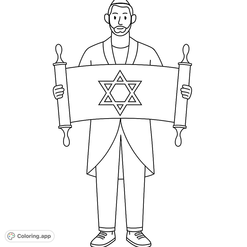 A man in traditional attire holds a Torah scroll featuring a prominent Star of David. A meaningful Jewish heritage coloring page for all ages.