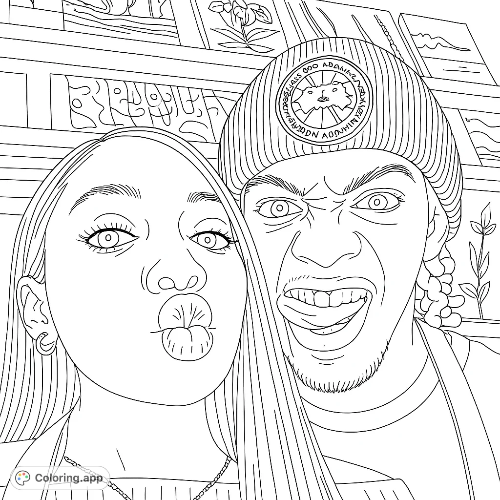 A fun selfie portrait coloring page featuring two expressive individuals. Perfect for free printable coloring page fun and creative expression.