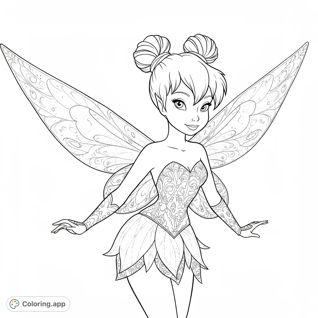 An enchanting fairy with delicate, patterned wings and a detailed dress, ready for a magical burst of color. A free printable fairy coloring page.