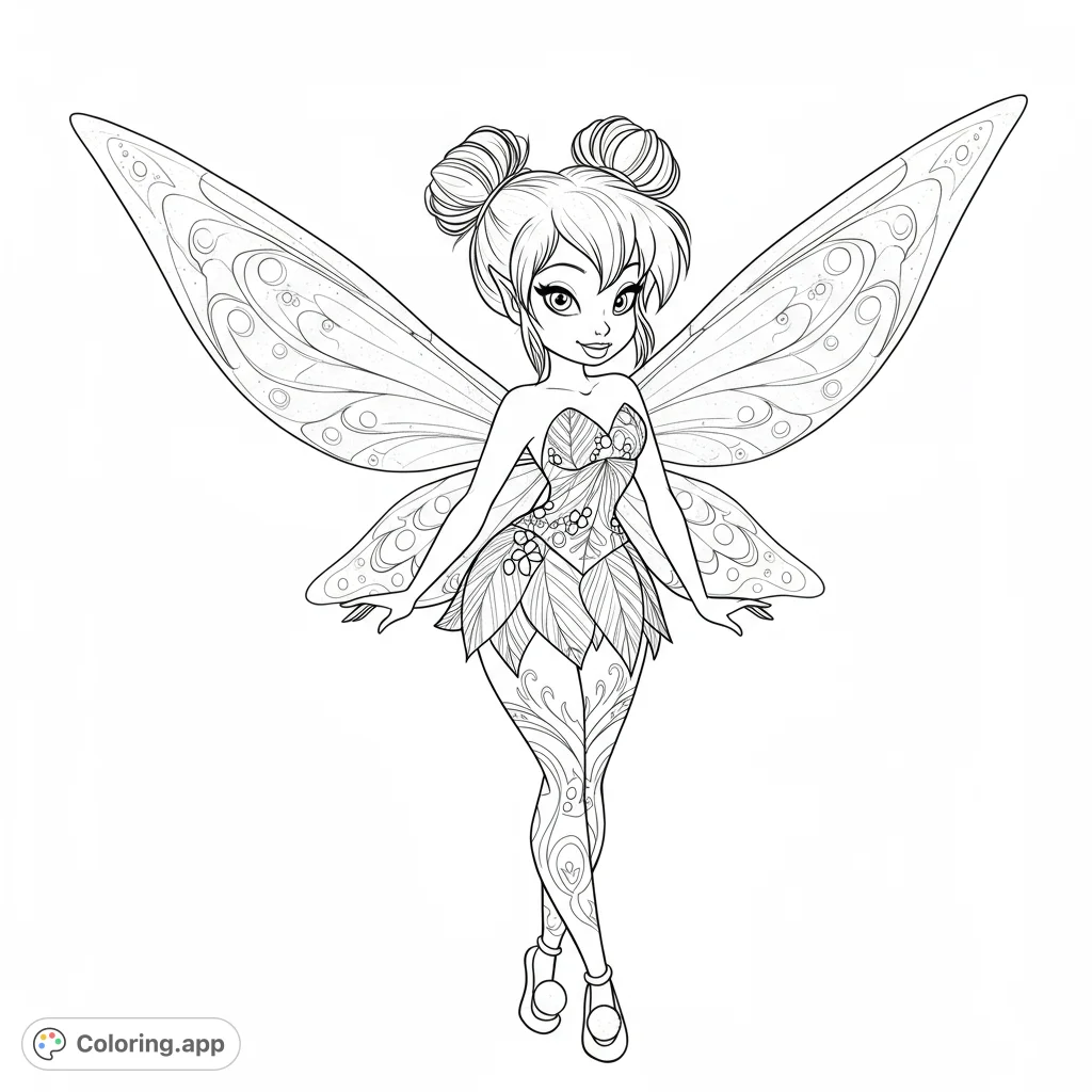 A enchanting fairy with detailed wings and a leaf-inspired outfit, perfect for a magical coloring adventure. Features intricate patterns for a delightful challenge.