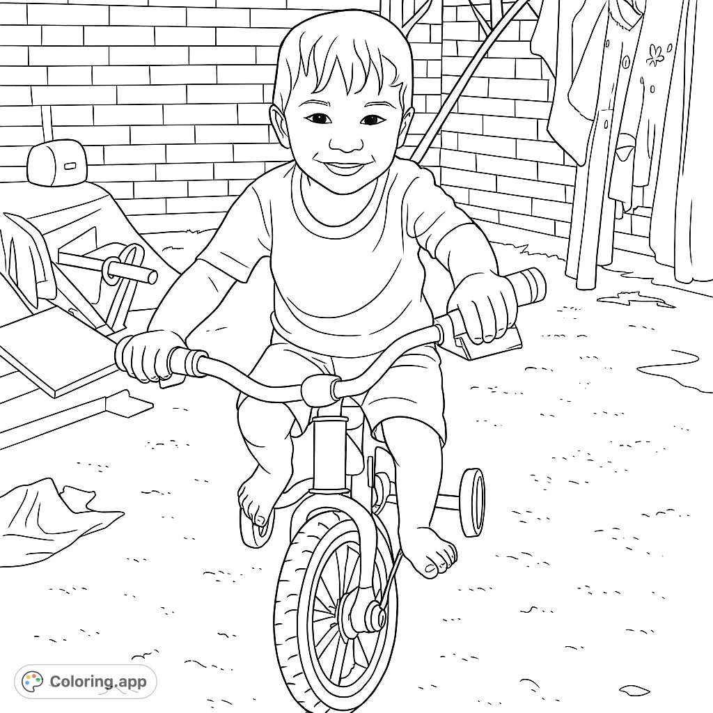 A joyful child on a tricycle, ready for adventure! This free printable coloring page features a happy toddler in an outdoor setting, perfect for kids.