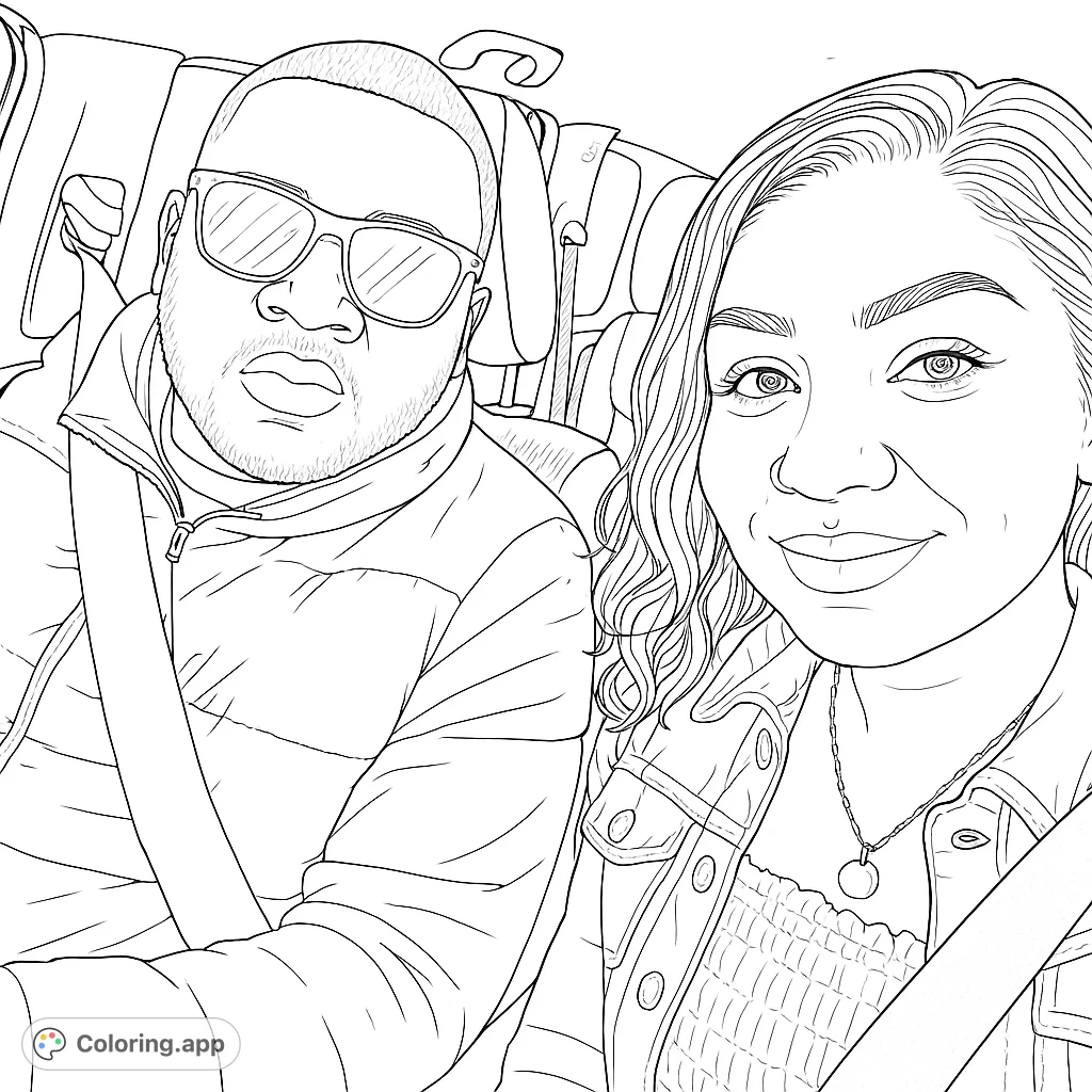 A happy couple takes a car selfie, ready for adventure. This travel-themed coloring page is a free printable for all ages.