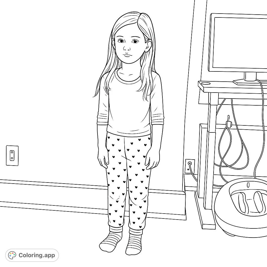 A young girl in heart-patterned pajamas stands calmly beside a medical device, ready for a checkup. A free printable medical checkup coloring page.