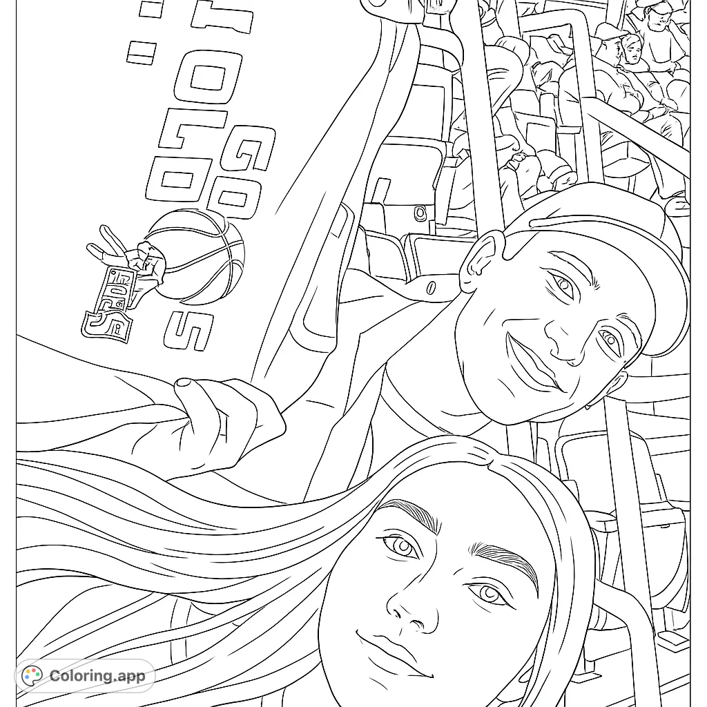 Capture the excitement of a basketball game with this free printable sports fan coloring page featuring a dynamic selfie moment in the stands.