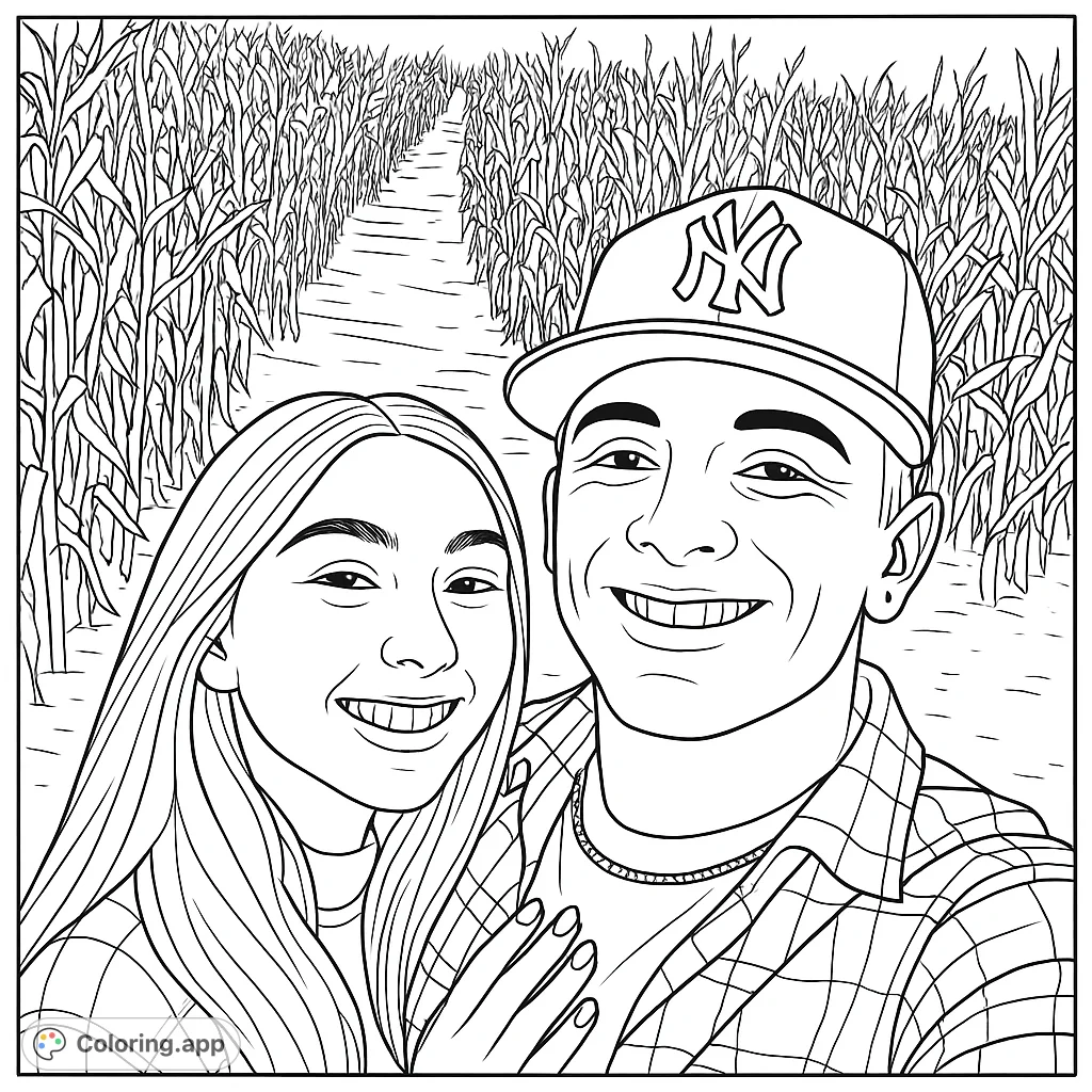 A cheerful couple smiles in a corn maze, perfect for a fun autumn coloring page. This free printable coloring page is great for fall activities.