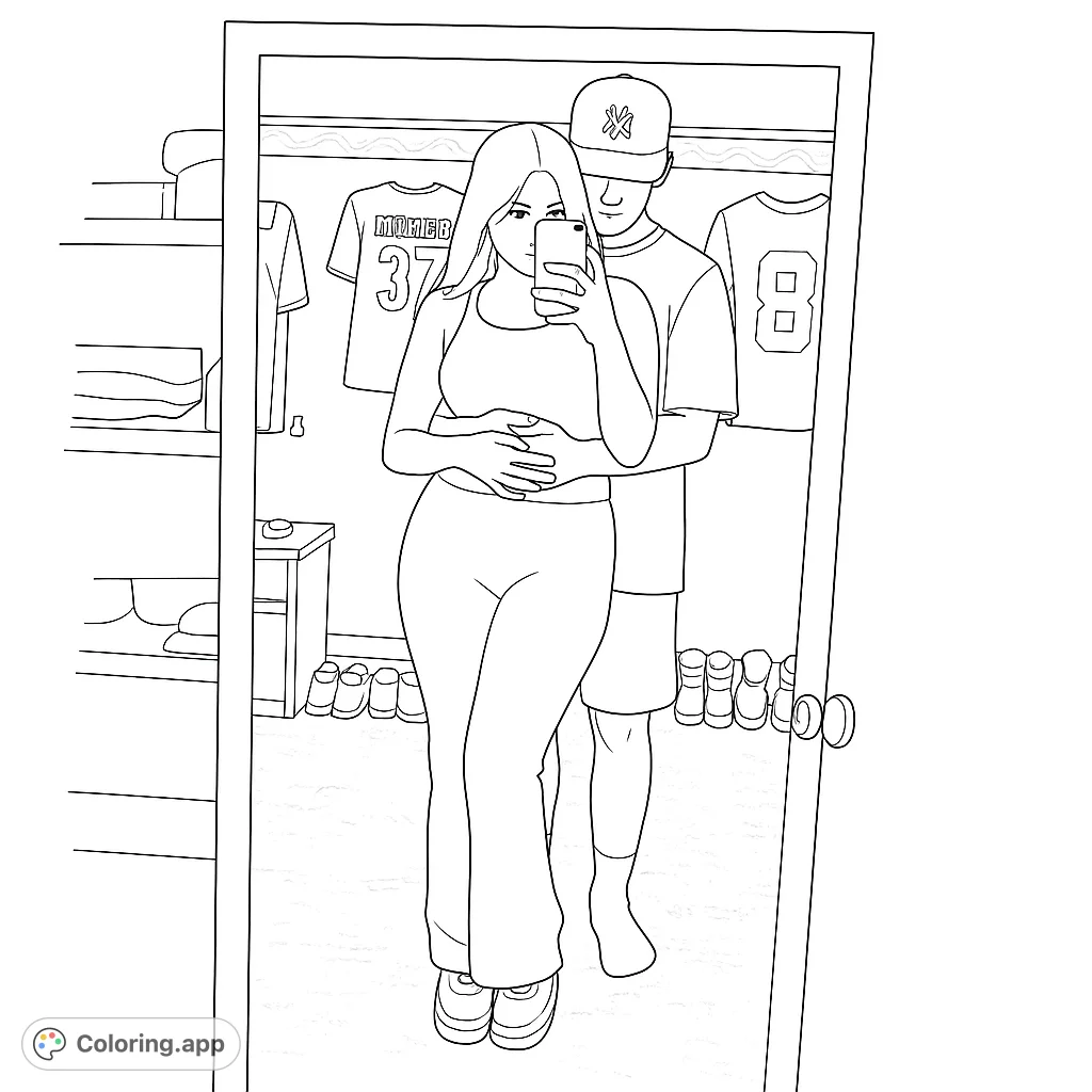 Capture a sweet moment with this romantic couple mirror selfie coloring page. Perfect for expressing love and creativity.