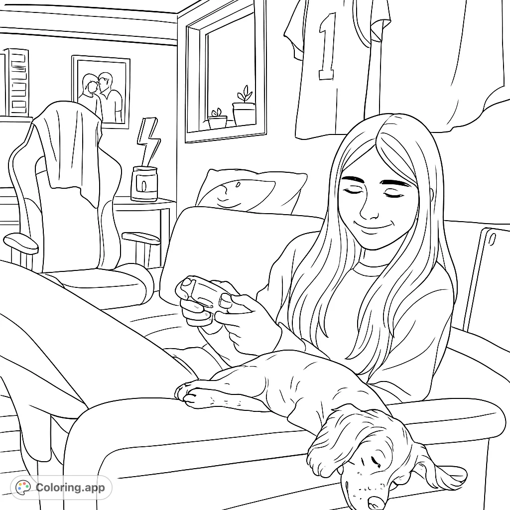 A cozy gaming scene featuring a girl playing video games with her dog asleep on her lap. Perfect for relaxation and pet lovers.
