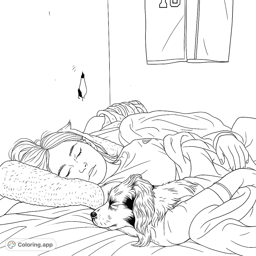 A heartwarming free printable coloring page featuring a person and their dog peacefully sleeping together, perfect for relaxation and animal lovers.