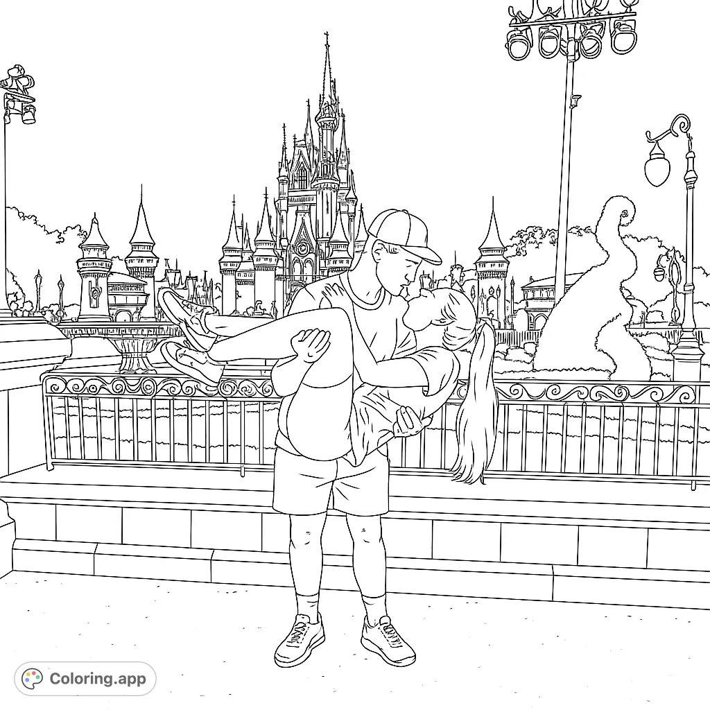 A romantic couple shares a kiss in front of a majestic fairytale castle. Perfect for a magical fairytale coloring page, free printable for all ages.
