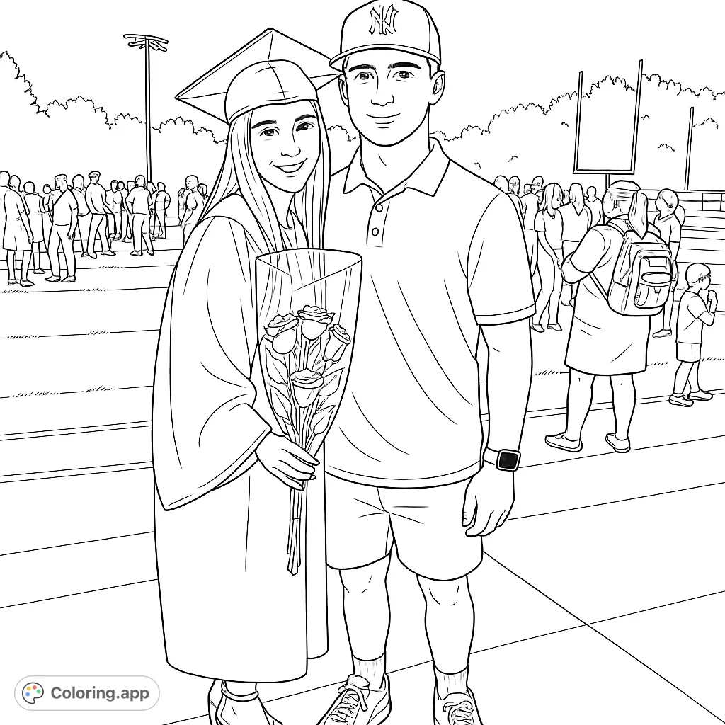 Celebrate a special milestone with this graduation coloring page featuring a proud graduate and supporter. Perfect for commemorating achievements.