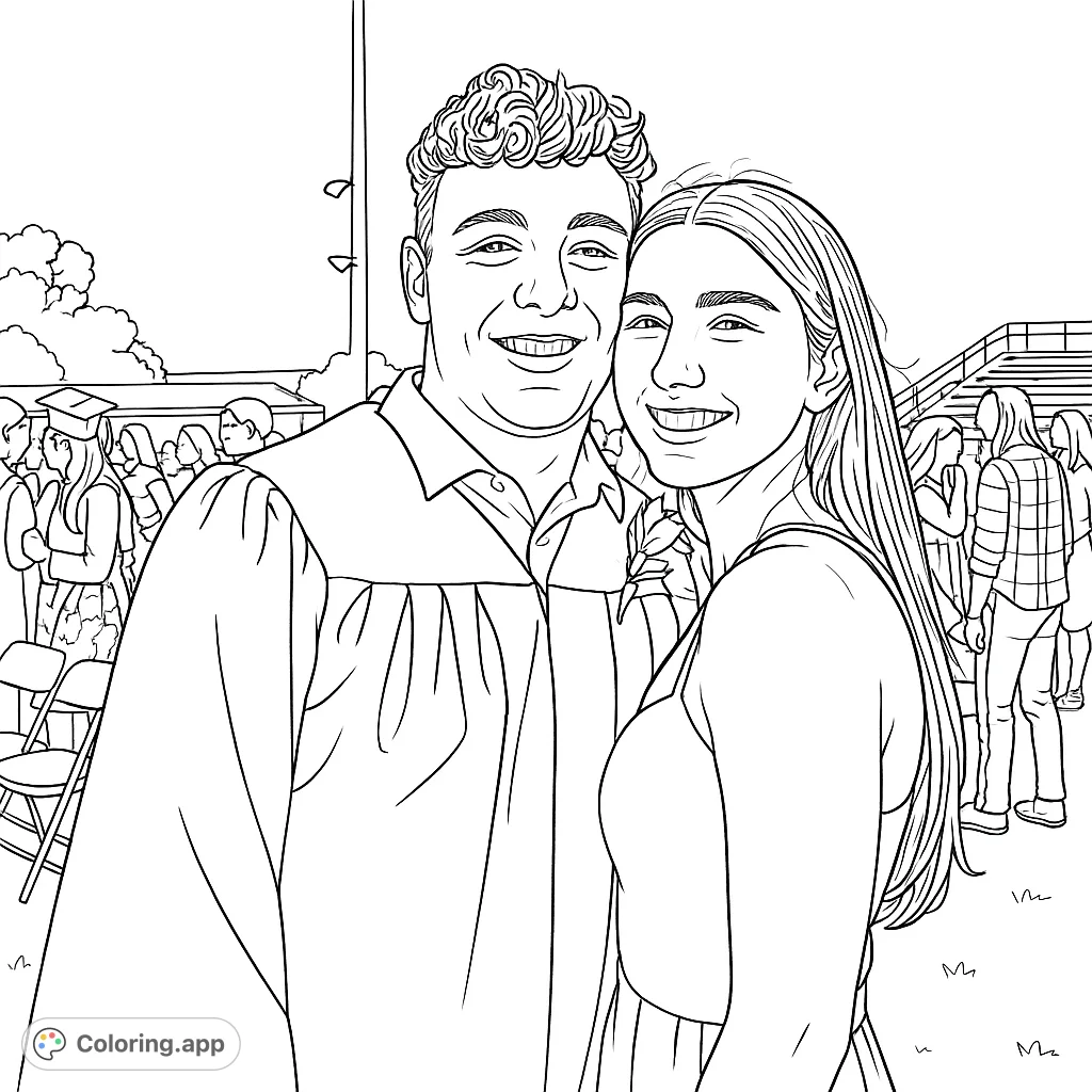 A joyful graduation scene featuring two smiling individuals, one in a cap and gown, celebrating their big day. Perfect for a memorable coloring experience.