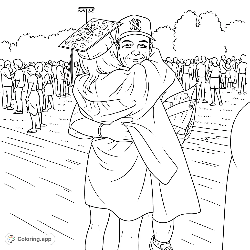 Celebrate achievement with this graduation coloring page featuring a heartfelt hug between a graduate and a loved one amidst a joyful crowd, perfect for all ages.
