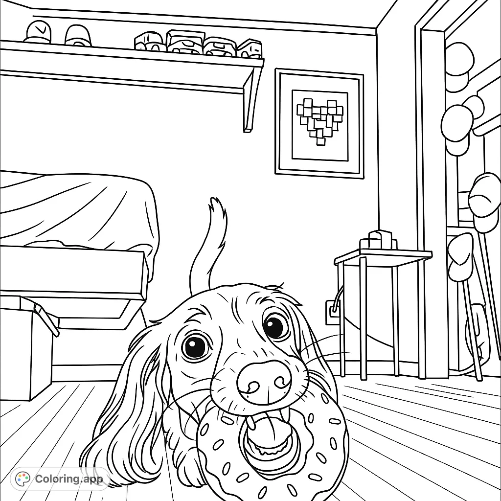 A mischievous puppy with wide eyes holds a donut in a cozy bedroom. Perfect for pet lovers and sweet treat enthusiasts!