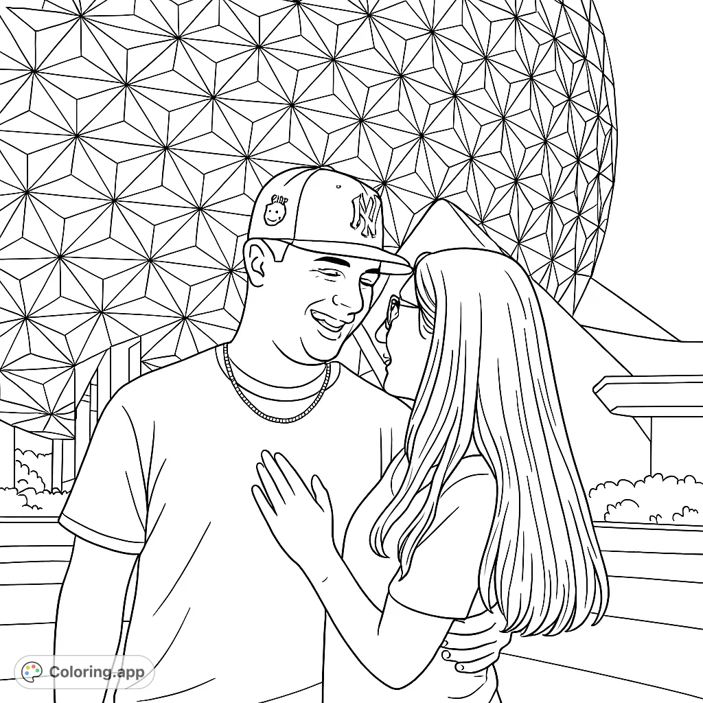 A romantic couple smiles in front of an iconic geodesic dome. Perfect for a travel-themed coloring page, celebrating love and adventure.