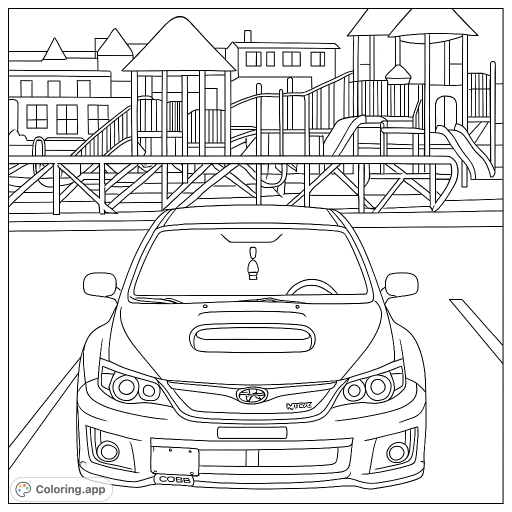 A detailed sports car parked in front of a lively playground, offering a dynamic scene for car enthusiasts and creative coloring fun.