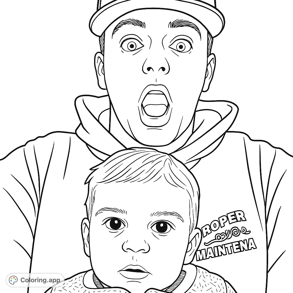 An expressive father and child portrait, perfect for a family bonding coloring page. Features a surprised adult and a curious baby.