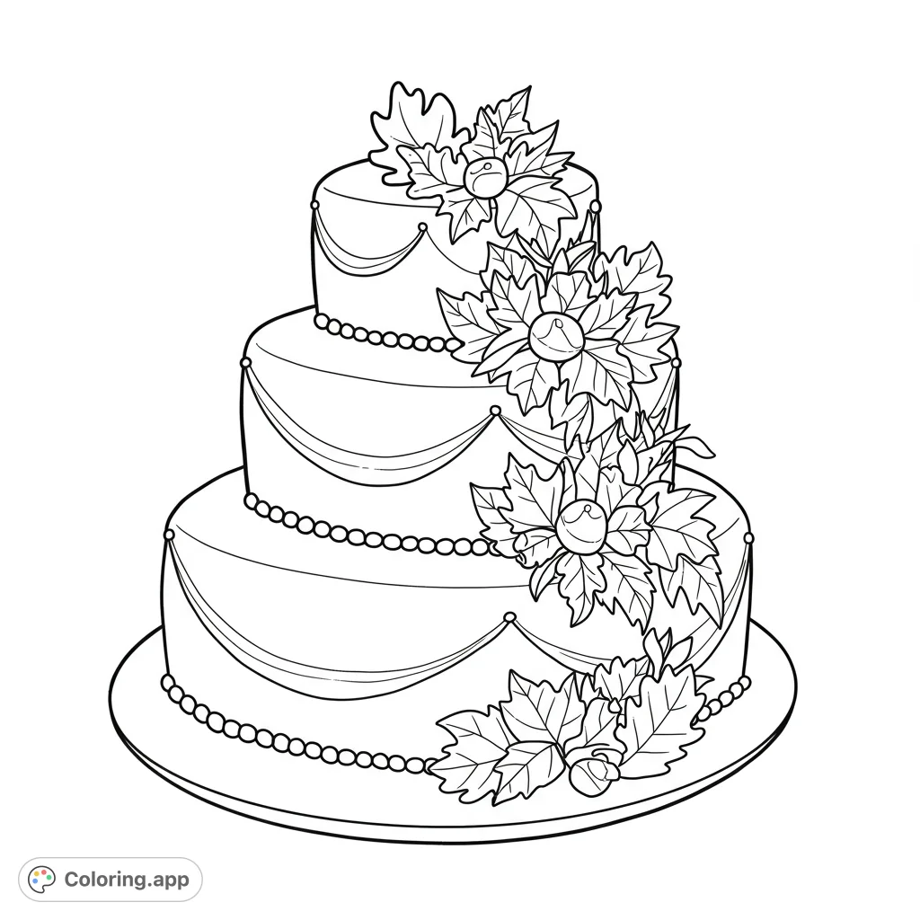 Elegant three-tiered cake with draped icing and intricate autumn leaves and berries. A delightful free printable cake coloring page.
