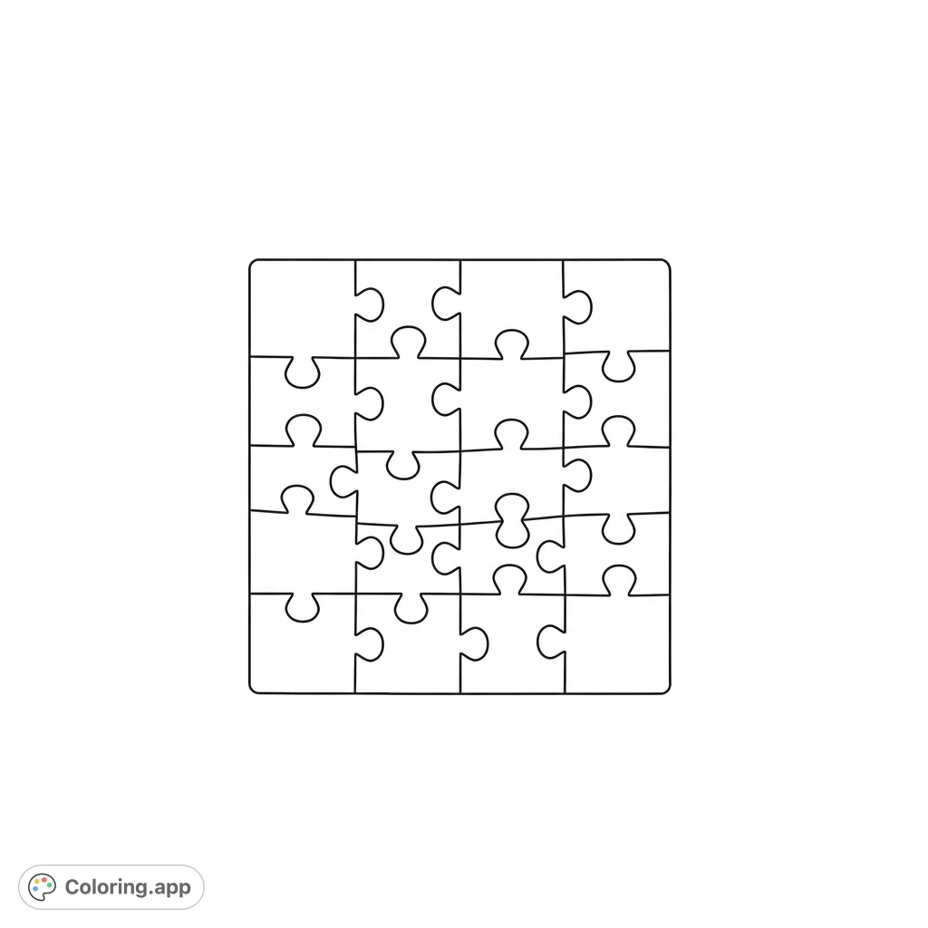 A free printable puzzle coloring page featuring a 4x4 grid of interlocking pieces, perfect for creative expression and mindful coloring for all ages.