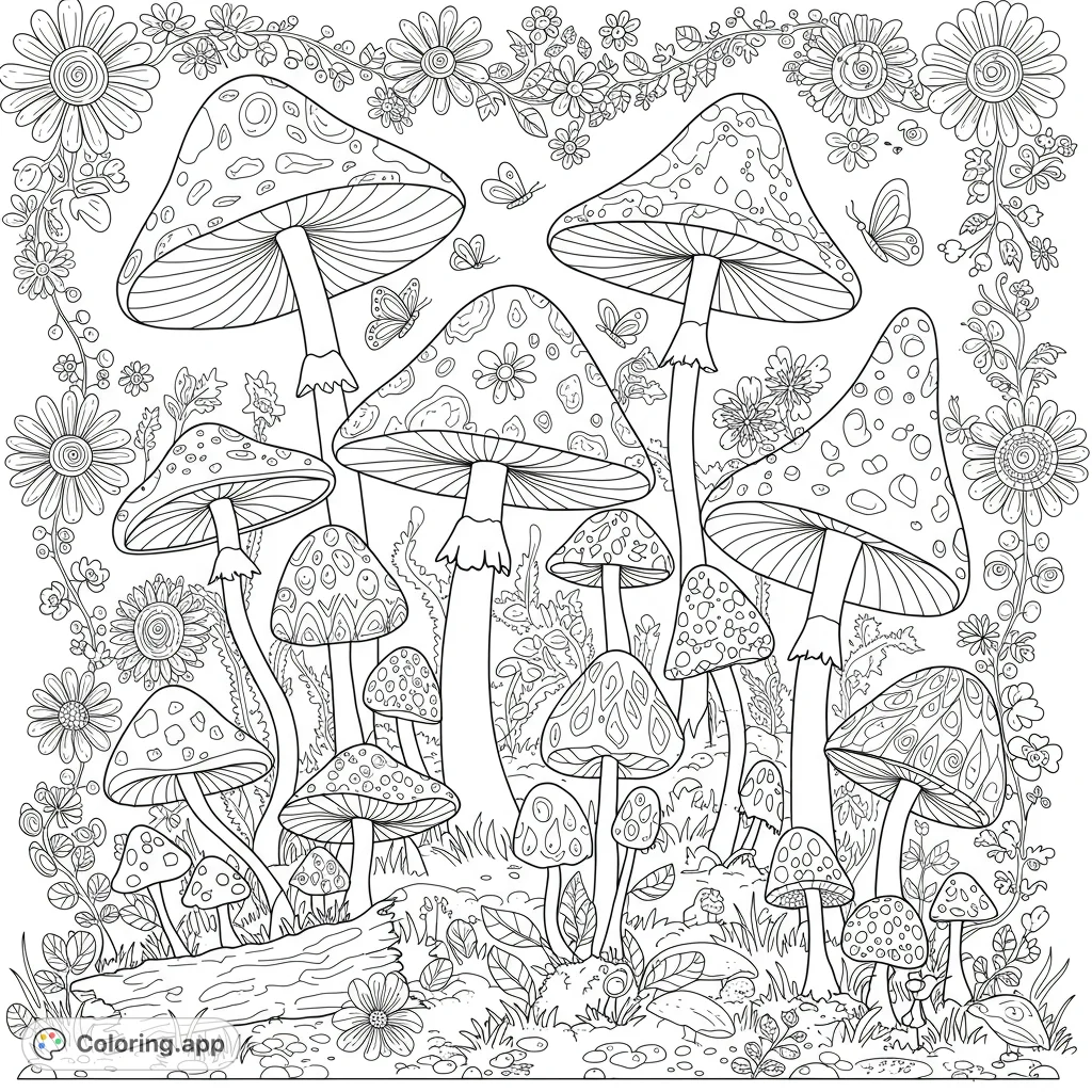 A whimsical mushroom forest coloring page with various fungi, butterflies, and a floral border, perfect for nature lovers and fantasy enthusiasts.