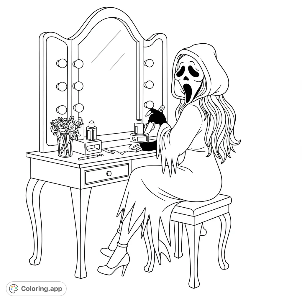 A spooky Ghostface character gets ready at a detailed vanity table, complete with mirror, flowers, and makeup. A fun, unique horror-themed coloring page.