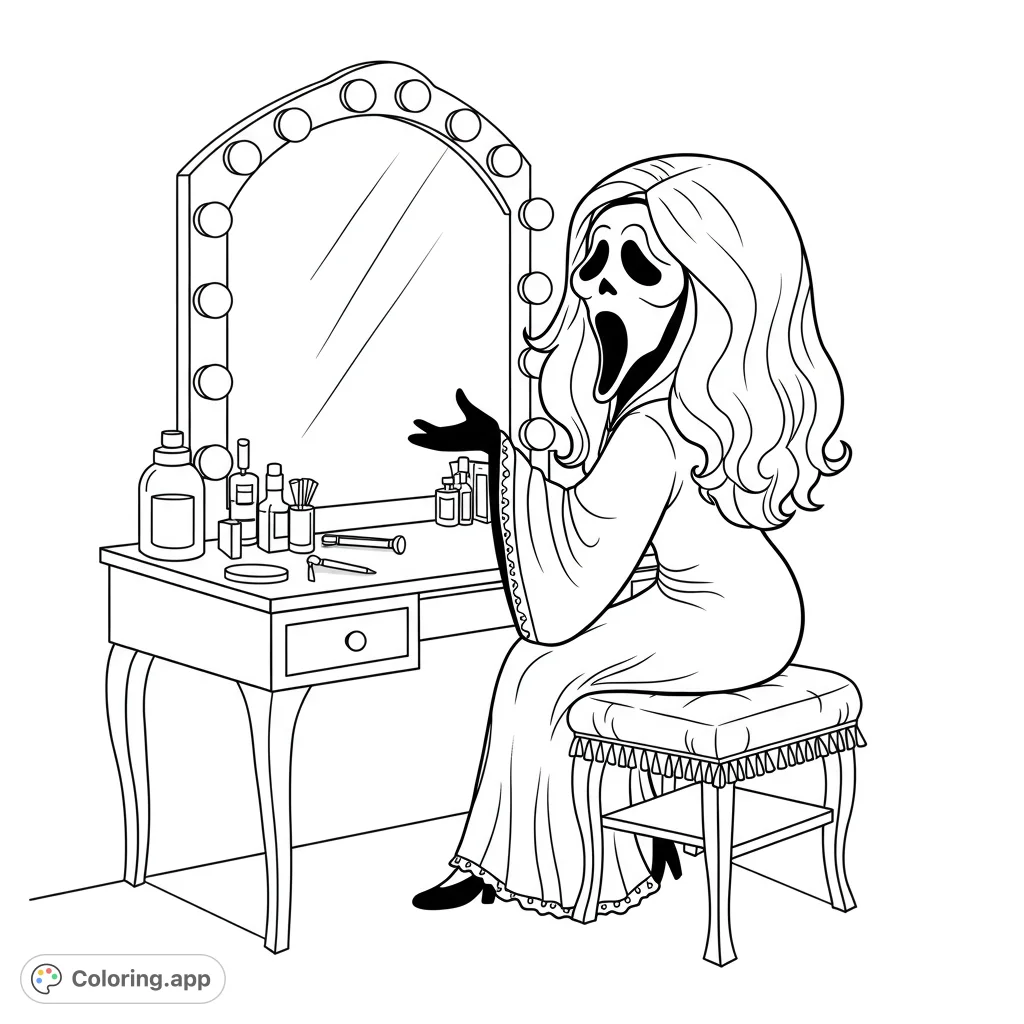 A spooky character with long hair sits at a vanity mirror, surrounded by makeup. A fun, free printable horror coloring page for Halloween.