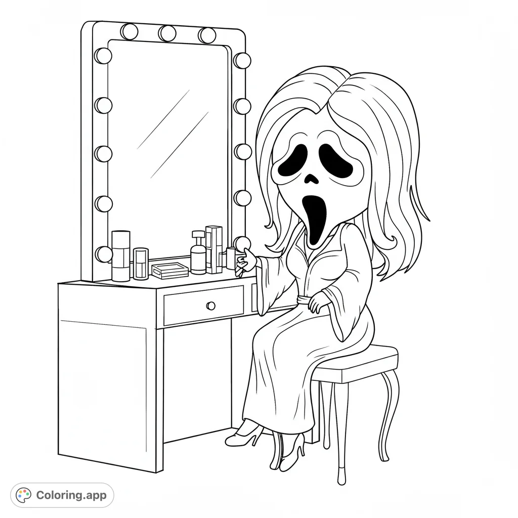 A spooky character with a scream mask face sits at a vanity mirror, holding makeup. A fun, free printable horror icon coloring page.