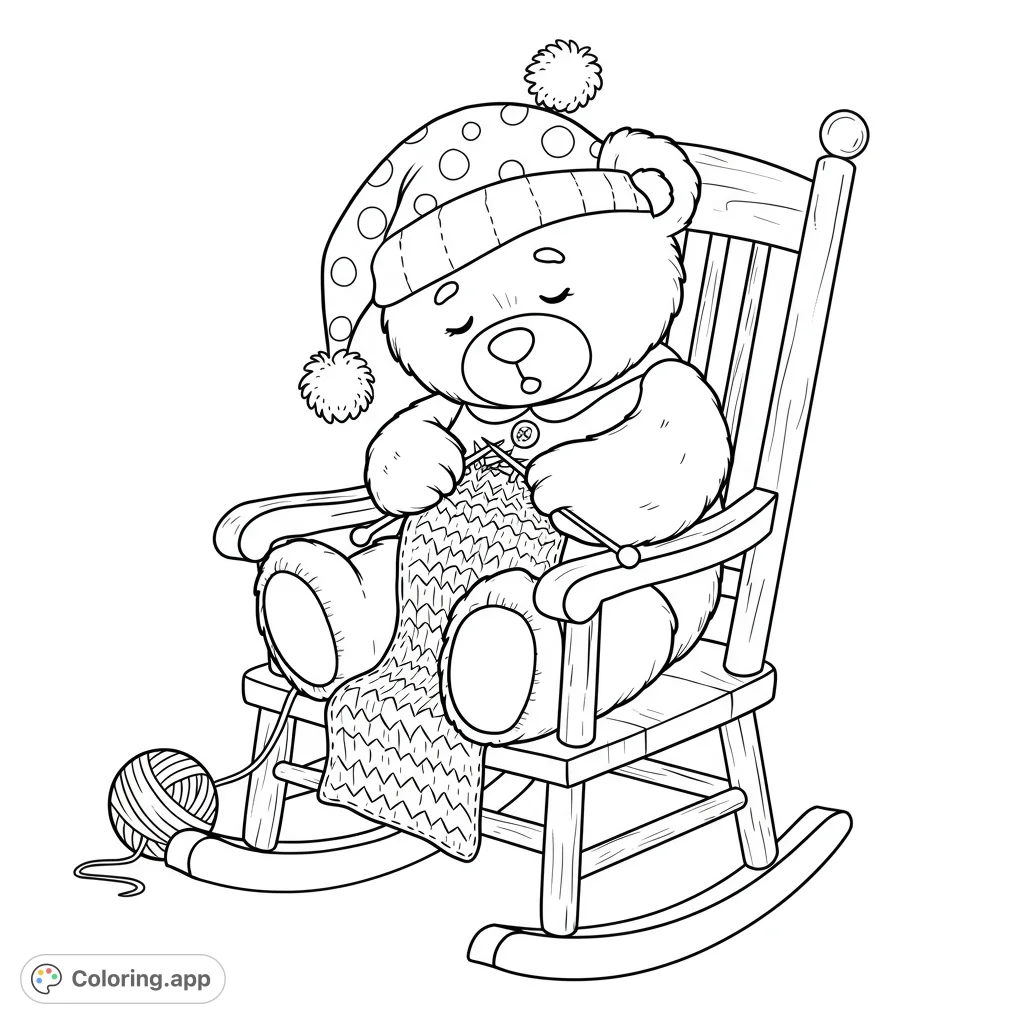An adorable teddy bear in a rocking chair, diligently knitting a cozy blanket. This free printable teddy bear knitting coloring page offers relaxing fun.