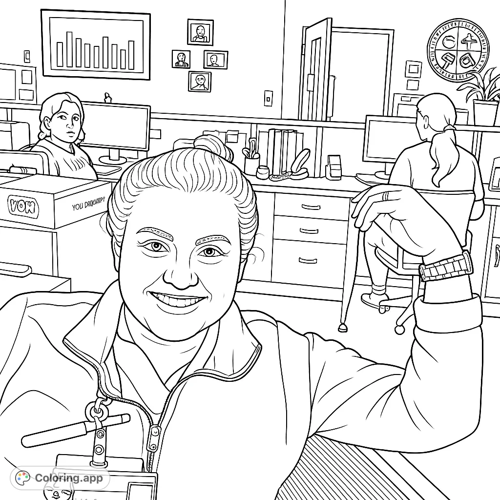 A friendly office worker smiles in a bustling cubicle environment, surrounded by desks, computers, and colleagues. A free printable office coloring page.