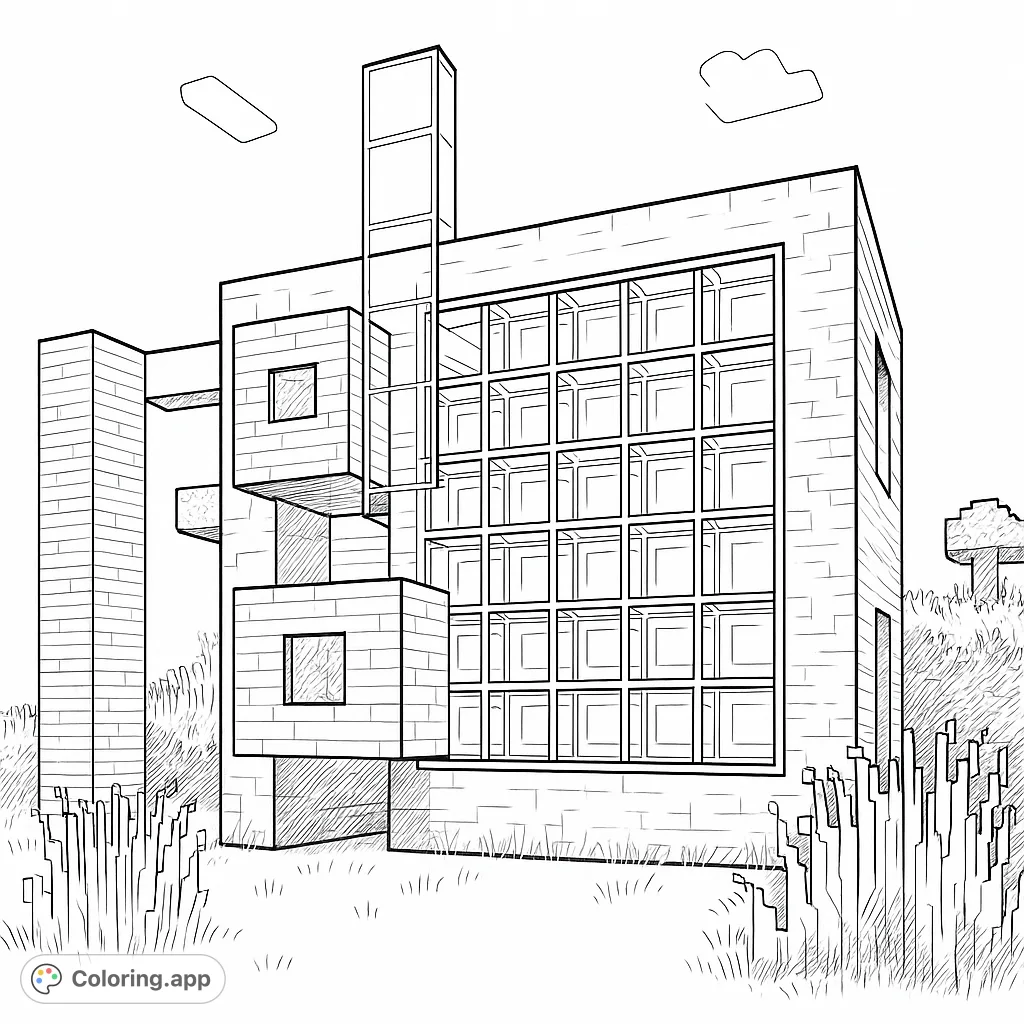 Explore a unique blocky modern house coloring page with large grid windows and pixelated landscape, perfect for creative coloring fun.