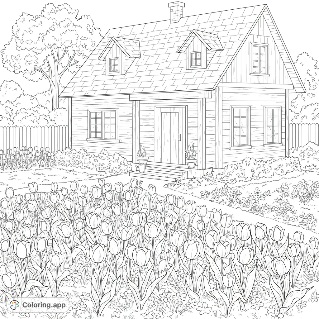 A charming cottage nestled in a vibrant tulip garden, perfect for a relaxing spring coloring page. Features a cozy home and blooming flowers.