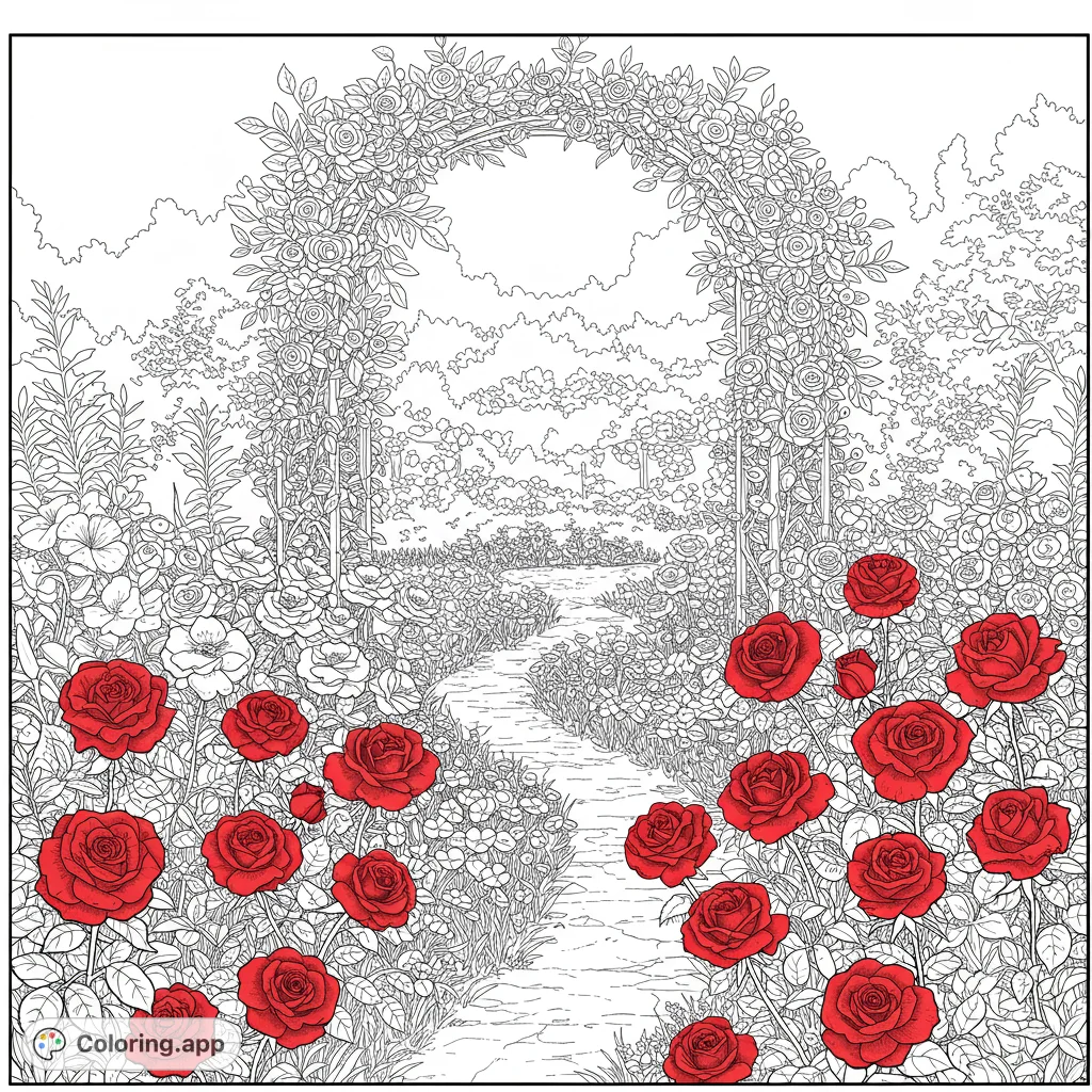 Explore a beautiful rose garden coloring page featuring a grand floral archway, winding path, and abundant blossoms. A free printable coloring page for all ages.