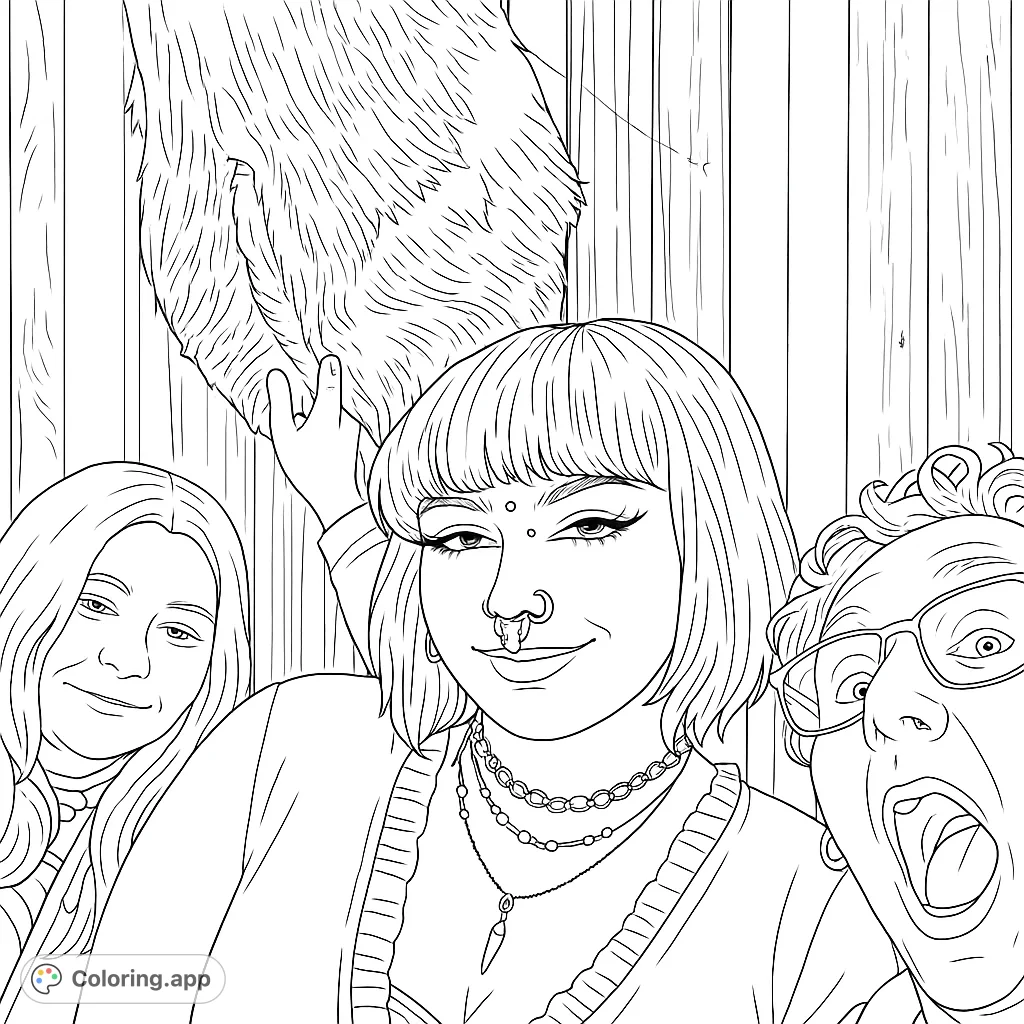 A fun, expressive group portrait featuring three friends, one interacting with a large furry creature, set against a rustic wooden background.