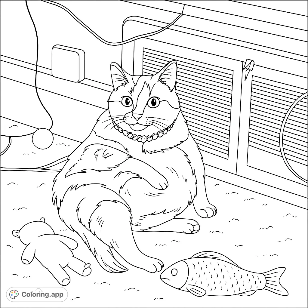 A delightful cat wearing a pearl necklace sits among its toys, ready for a splash of color. A purr-fect free printable cat coloring page for all ages!