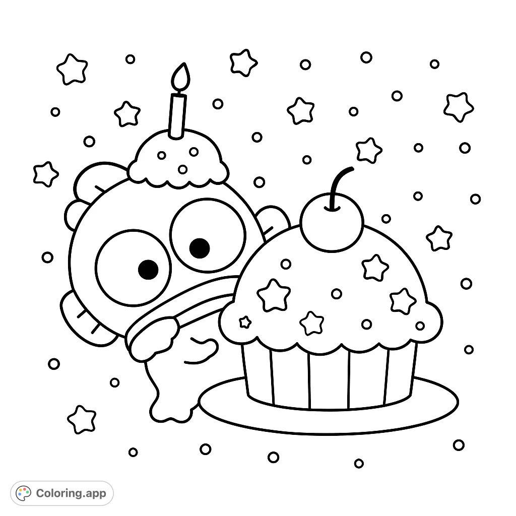 Adorable creature with a candle-topped head peeks from behind a festive cupcake, surrounded by stars and circles. A sweet birthday celebration scene.
