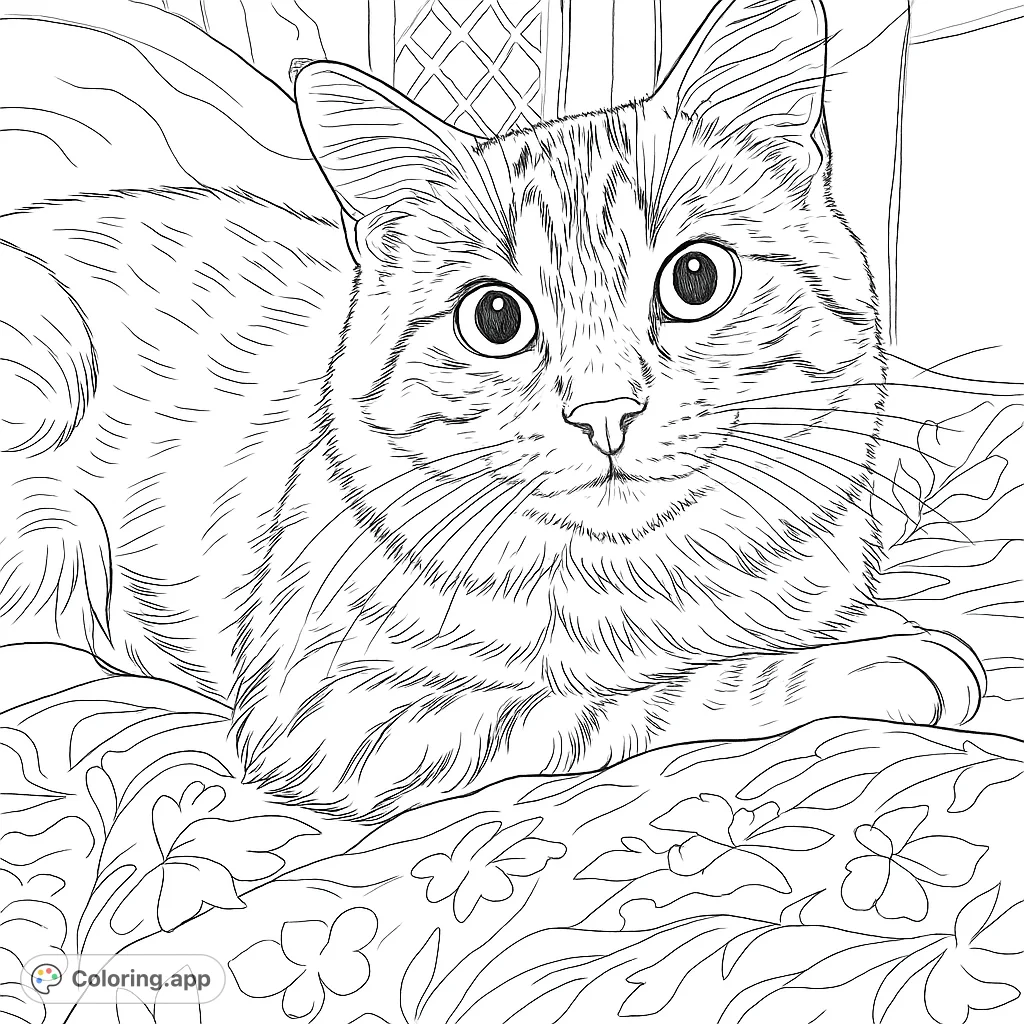 A charming cat coloring page featuring a detailed feline with captivating eyes, resting on a patterned blanket, perfect for pet lovers.