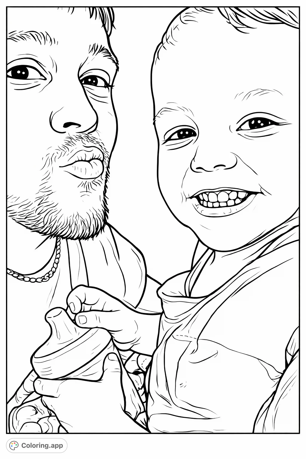 Capture a heartfelt moment with this father and child coloring page. A man with a playful expression and a smiling child holding a cup, perfect for family fun.