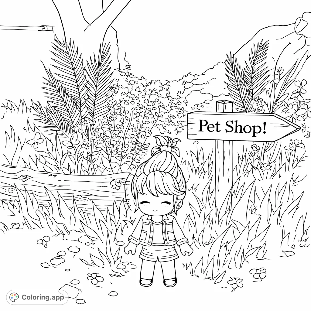 ' sign in a lush, grassy setting with trees and a fallen log. Perfect for imaginative coloring fun.