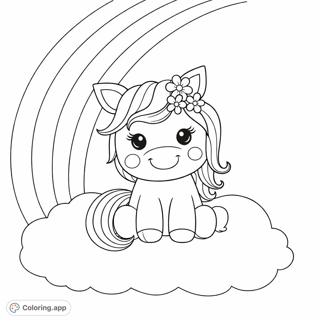 A charming baby unicorn sits on a fluffy cloud under a gentle arc, inviting creative expression. A delightful unicorn coloring page.